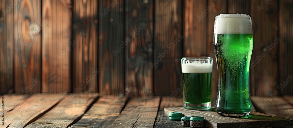 Poster bottle and glass of green beer displayed on a wooden background with copy space image.