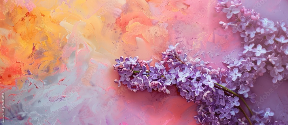 Aufkleber top view of lilac branches on a colorful background, conveying a spring flowers concept with a copy 