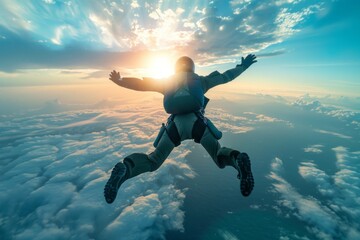 In the beautiful bright blue sky, among the clouds, human is  flying who jumped out of an airplane. Their parachutes are not deployed.