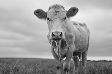 A cow in the field is looking directly at you. In black and white style.