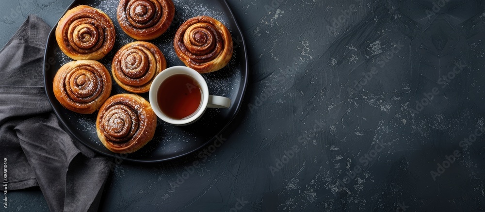 Poster cinnamon rolls and buns are arranged enticingly on a black plate accompanied by a cup of tea. the da