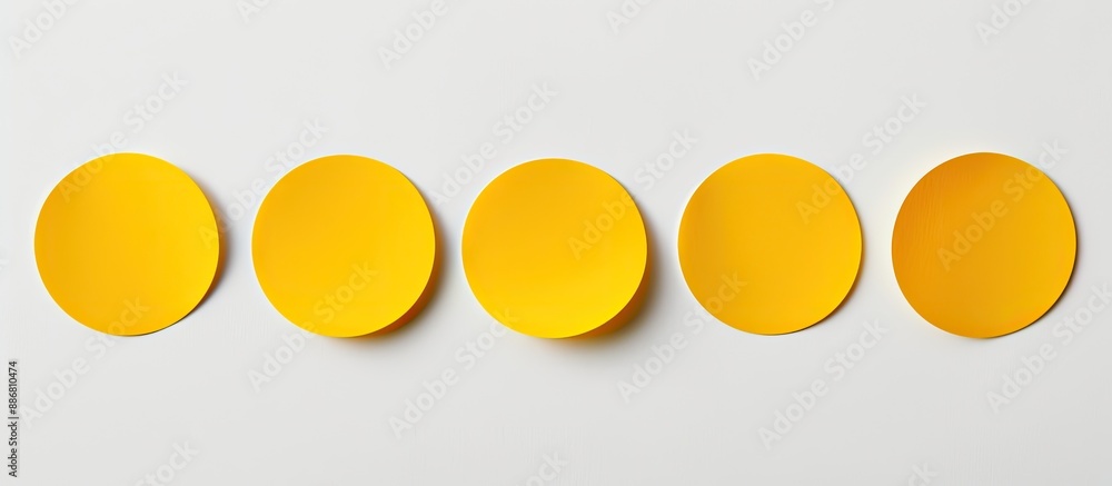 Aufkleber five yellow circular stickers on a white backdrop with copy space image.