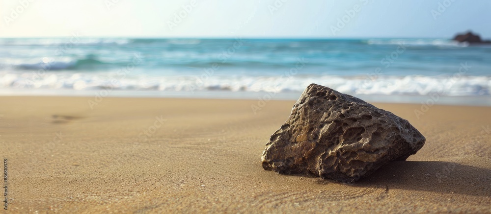 Leinwandbilder triangular rock resting on sandy beach with copy space image.