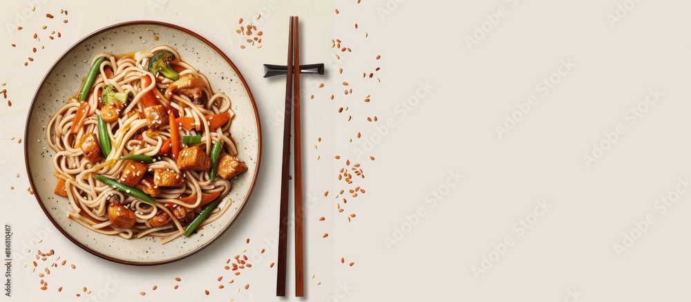 Poster a plate of chicken and vegetable soba noodles sits on a stand with soy sauce and sesame seeds, next 