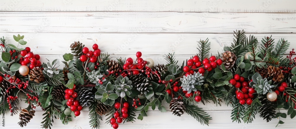 Aufkleber a festive arrangement for christmas and new year displayed on a white wooden backdrop with room for 