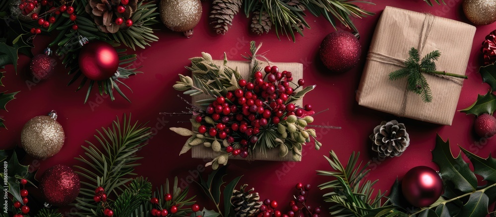 Aufkleber Flat lay view of a Christmas-themed arrangement with a present. A top-down perspective showcases the design with room for additional elements in the image.
