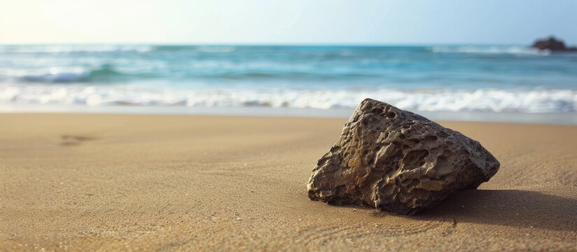 Triangular rock resting on sandy beach with copy space image.
