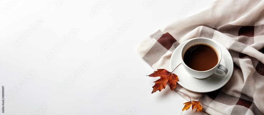 Poster a cup of coffee sits on a checkered scarf with a fallen leaf against a white background, offering pl