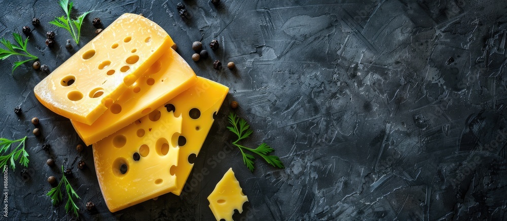 Poster cheese slices looking delicious against a dark backdrop with copy space image.
