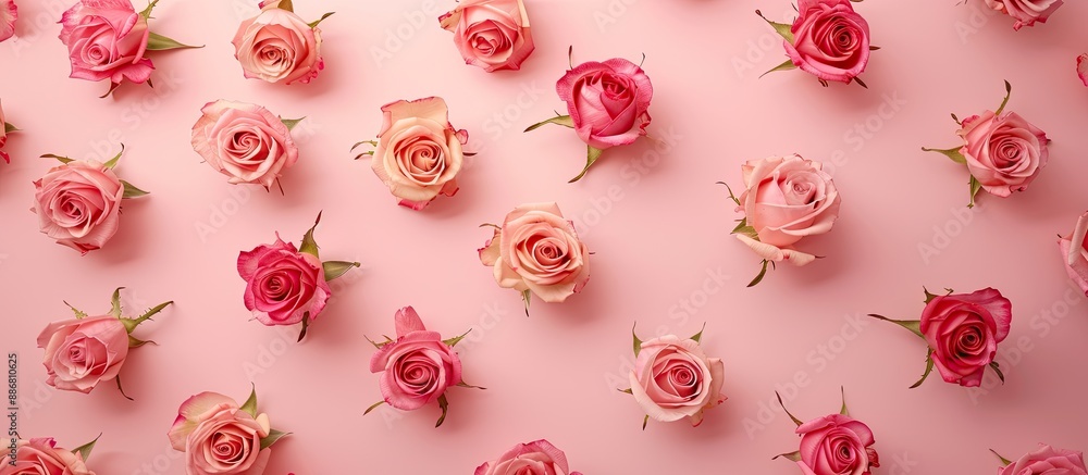Poster Top-down flat lay view of roses arranged on a pink background with space for graphic elements, like text or other images, known as copy space image.