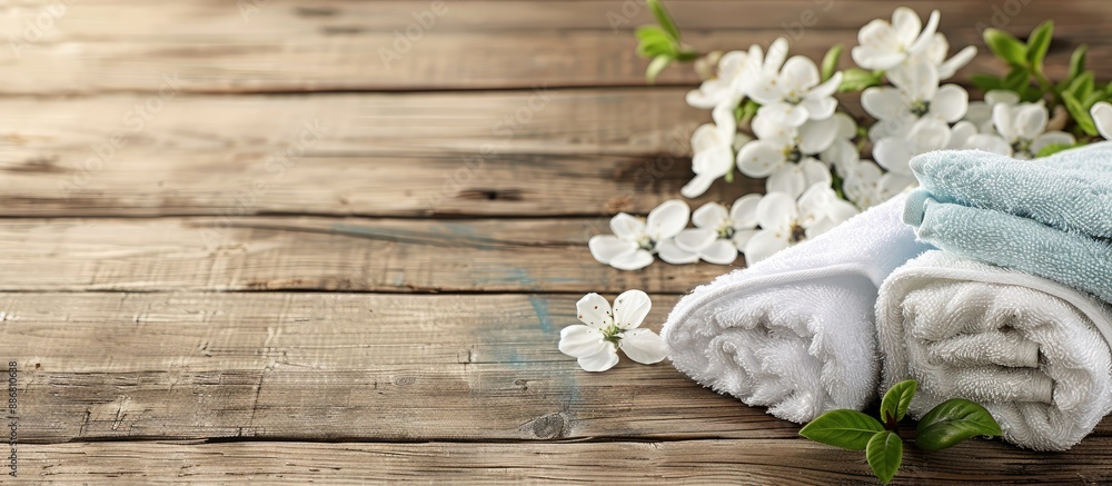Poster Spa towels elegantly displayed on a wooden surface with inviting copy space image.