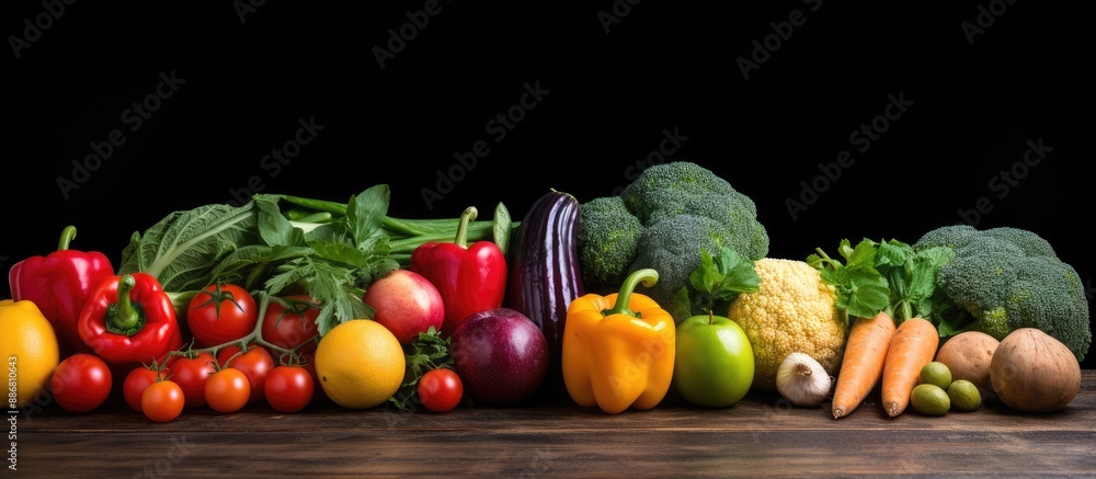 Poster Fresh vegetables and fruits displayed alongside a wooden board in a top view setting against a black background with copy space image available.