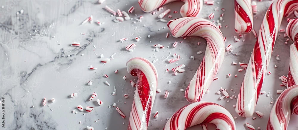 Aufkleber Candy canes displayed with a marble backdrop, providing an elegant frame for the confectionery in a visually appealing copy space image.