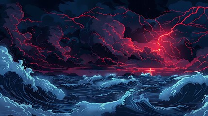 Dark ocean storm in comic book style with red lightning, exaggerated waves under a navy blue night sky