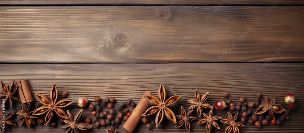 Aufkleber A rustic wooden backdrop hosts an arrangement of star anise and cinnamon sticks, creating an inviting composition with copy space image.