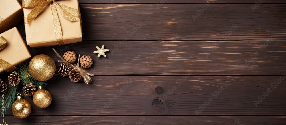 Aufkleber homemade christmas and new year gift boxes with decorations on wooden background for festive holiday