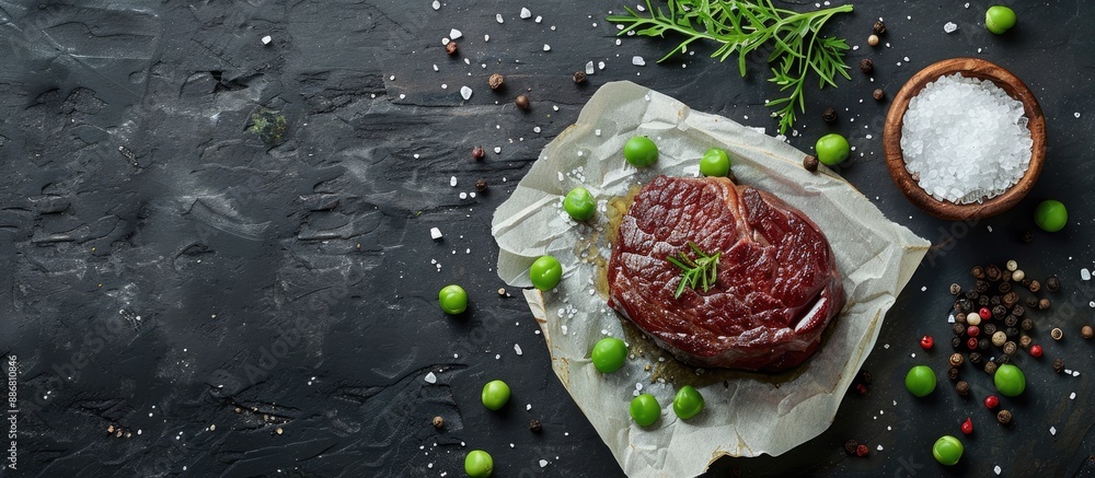 Aufkleber a beef tenderloin on parchment is showcased on a dark stone backdrop with scattered salt, pepper, an