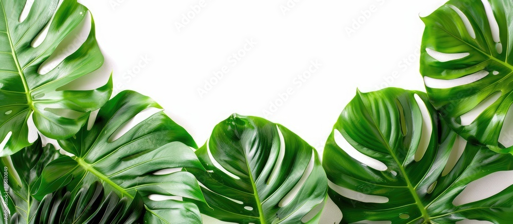 Aufkleber top view of a real philodendron split green leaf monstera deliciosa foliage with a tropical rainfore