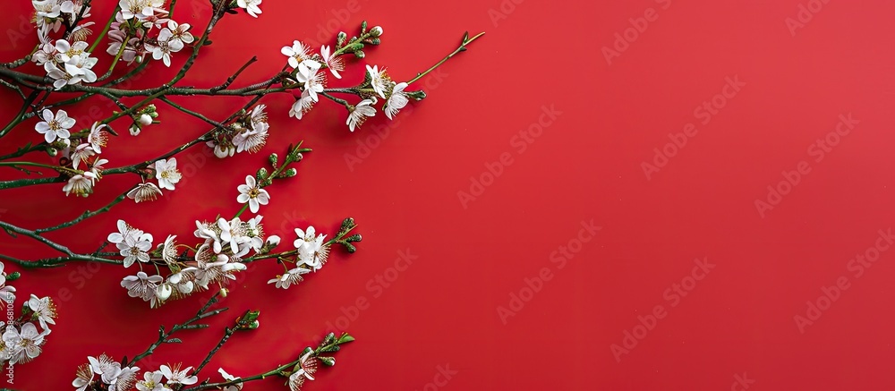 Aufkleber blank space available on a red background beside a spring branch with white blossoms.