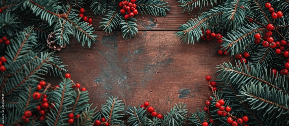 Aufkleber circular arrangement of green christmas tree branches and red viburnum berries on a wooden backdrop 