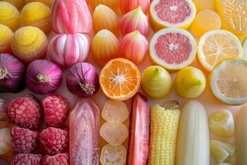 Layout, top view: juicy, beautiful, delicious fruits and vegetables in soft yellow and pink hues.