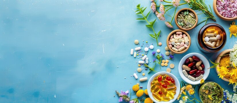 Various herbal remedies, pills, and medications displayed on a blue background with copy space image available for text or graphics.