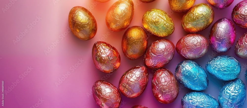 Poster Colorful Easter eggs in shiny foil arranged on a background with empty space for text or design, ideal for advertisements or festive themes.