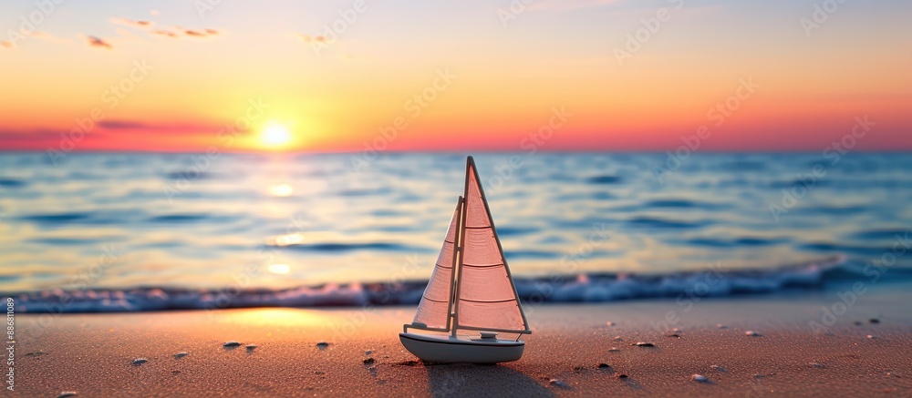 Poster Sunset at the beach with a toy sailboat creating a serene scene with the ocean backdrop and ample copy space image.