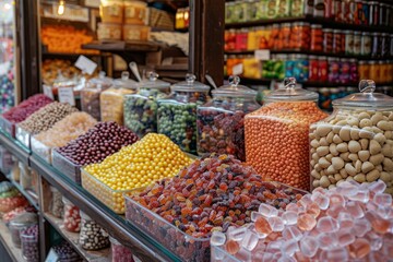 On the counter in clear containers and jars, sweets and nuts are piled up. Tasty, appetizing, and colorful.