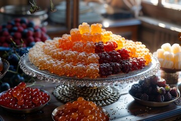 In a small shop, on the table in crystal dishes, there are appetizing jelly berries in orange, red, yellow, and white colors.