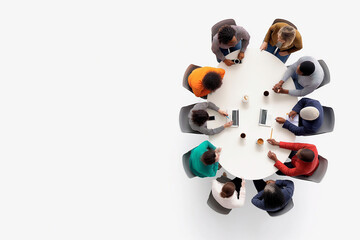 A group of people sitting around a table with a white background