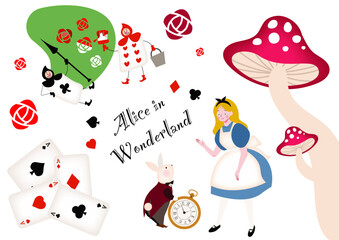 可愛い不思議の国のアリスのキャラクターたちとデコレーションの挿絵イラストセット