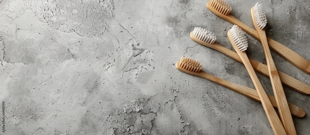 Poster Bamboo toothbrushes arranged on a gray stone surface with space for text or images, creating a minimalist bath background.