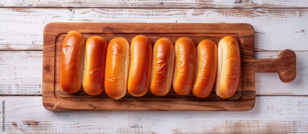 Aufkleber overhead view of hot dog buns on a rustic wooden board with a white wooden background, depicted in a