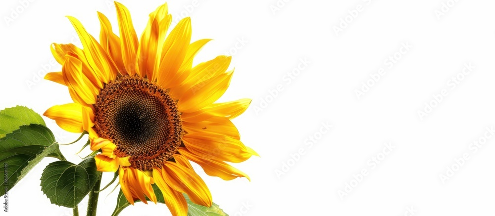 Poster sunflower with leaves isolated against white background, showcasing ample copy space image.