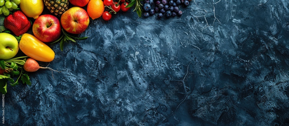 Poster Top view of fresh fruits and vegetables creating a backdrop with copy space image.