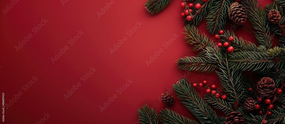 Aufkleber Christmas tree branches decorated beautifully against a red backdrop with a space for text within the image.