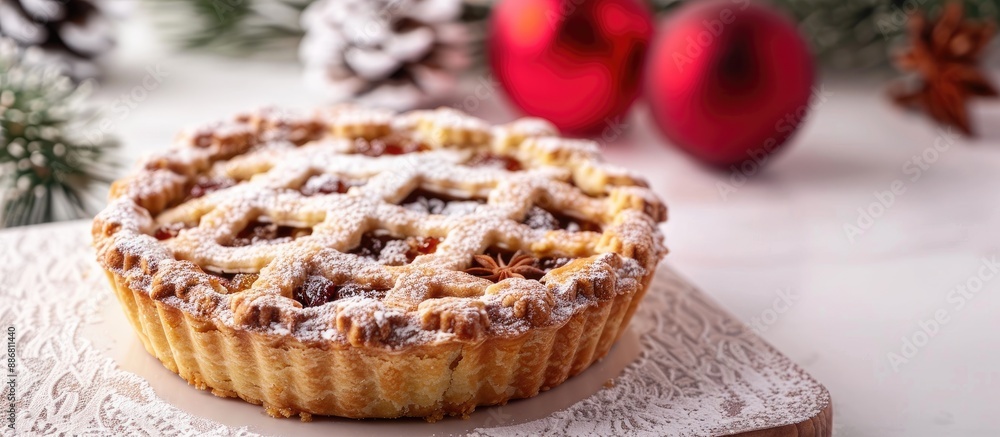 Poster A close-up view of a mince pie on a white table with a horizontal copy space image.