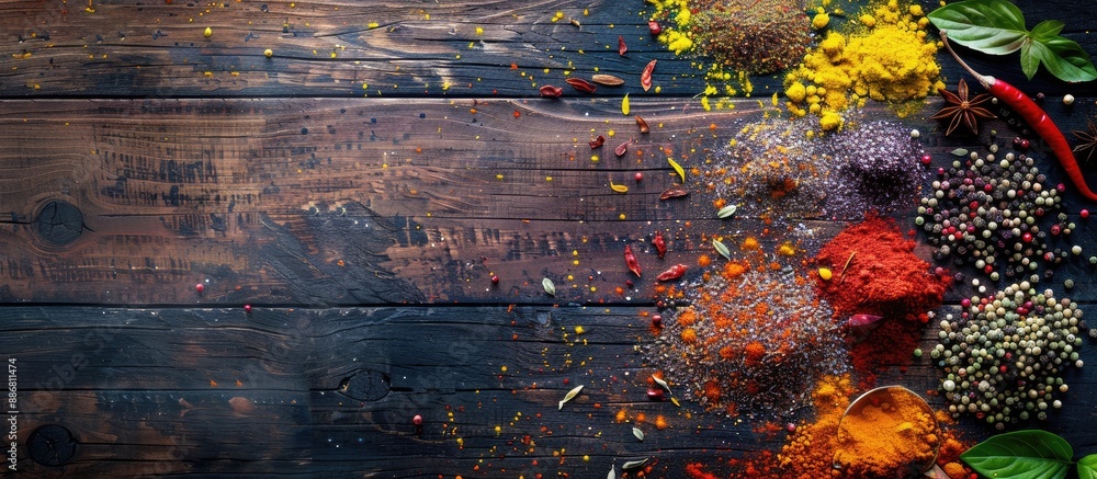 Poster Colorful spices displayed on a wooden table with copy space image.