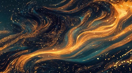 Abstract golden and blue flowing lines with sparkling particles in a dark background, creating a dynamic and mystical visual effect.
