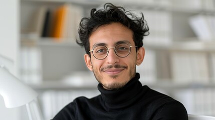 Obraz premium Arab architect smiling while discussing a design project in a creative office representing architectural vision and satisfaction Portrait, Realistic Photo, High resolution, Half-body picture,