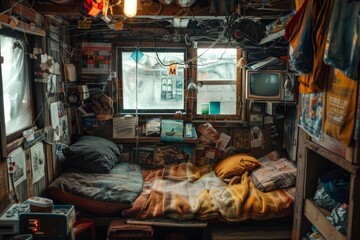 A small, messy shed filled with various junk, with a bed and a small window