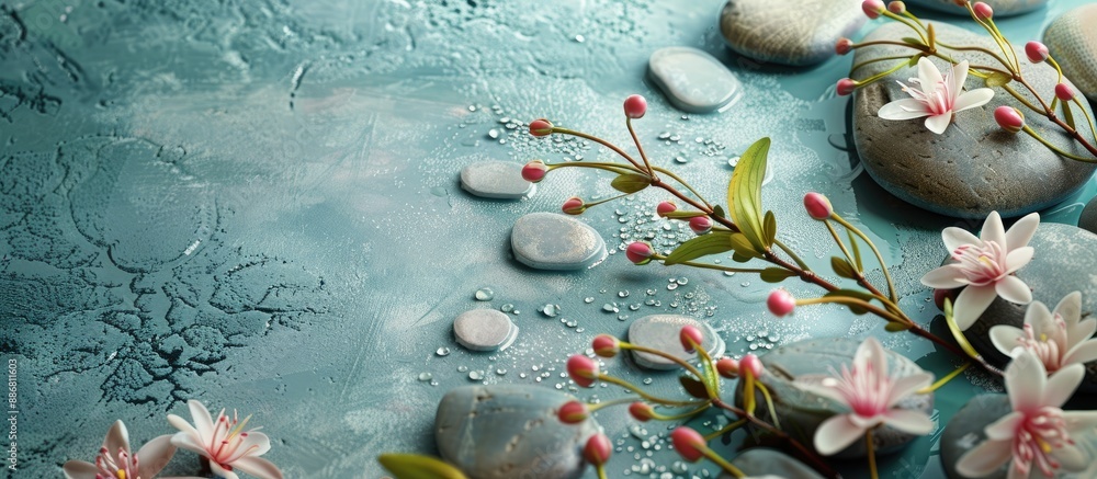 Poster asian alternative medicine is depicted in a serene spa setting featuring flowers, pebbles, and a tra