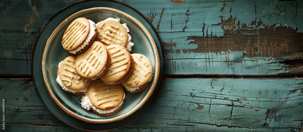 Poster a plate of sandwich cookies with filling set on an aged green wooden backdrop, captured from above t