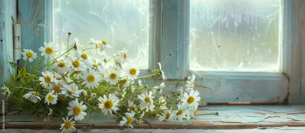 Aufkleber a bunch of daisies and bindweed displayed on a vintage windowsill with copy space image.