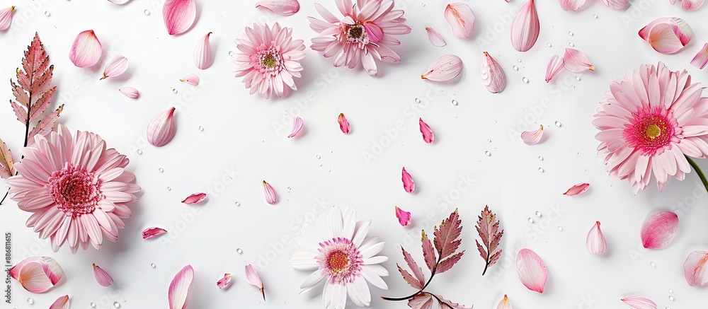 Poster an exquisite web banner featuring delicate pink daisies, branches, leaves, and petals on a white bac