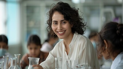 Indian teacher smiling while guiding students in a science experiment in a vibrant classroom representing educational commitment and passion Portrait, Realistic Photo, High resolution, Half-body