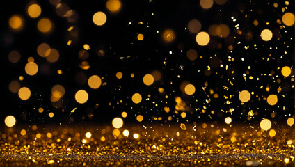 Gold Glitter Abstract with Bokeh Lights Background perfect for a festive and celebratory theme with luxurious and elegant vibes