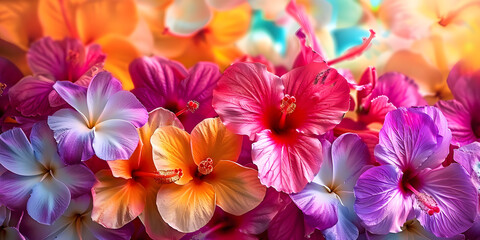Colorful lei with orchids and hibiscus flowers for a tropical luau theme. 