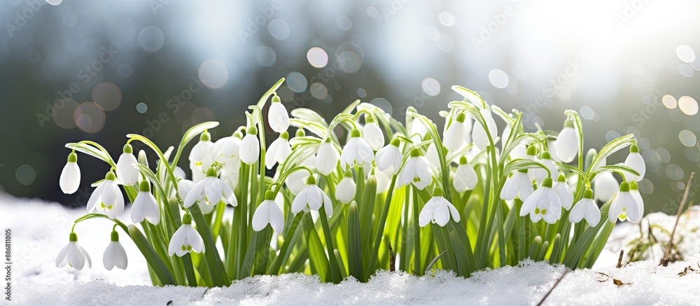 Poster cluster of spring snowflakes (leucojum vernum) with ample copy space image.